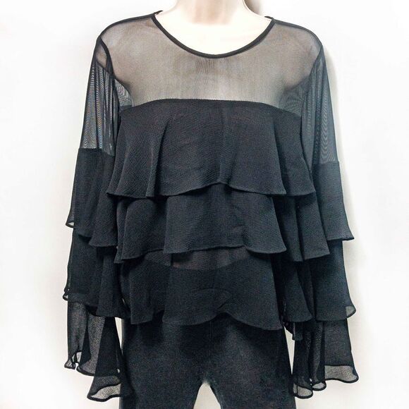 BCBGeneration Sheer Black Tiered Ruffle Blouse Sz XS - Picture 2 of 10